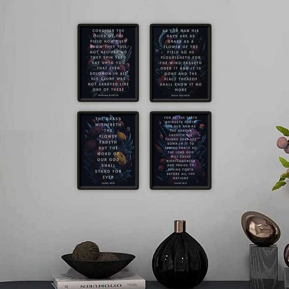 Bible Verses Flowers Floral Dark Tenebrism Christian Wall Art Prints Set of 4